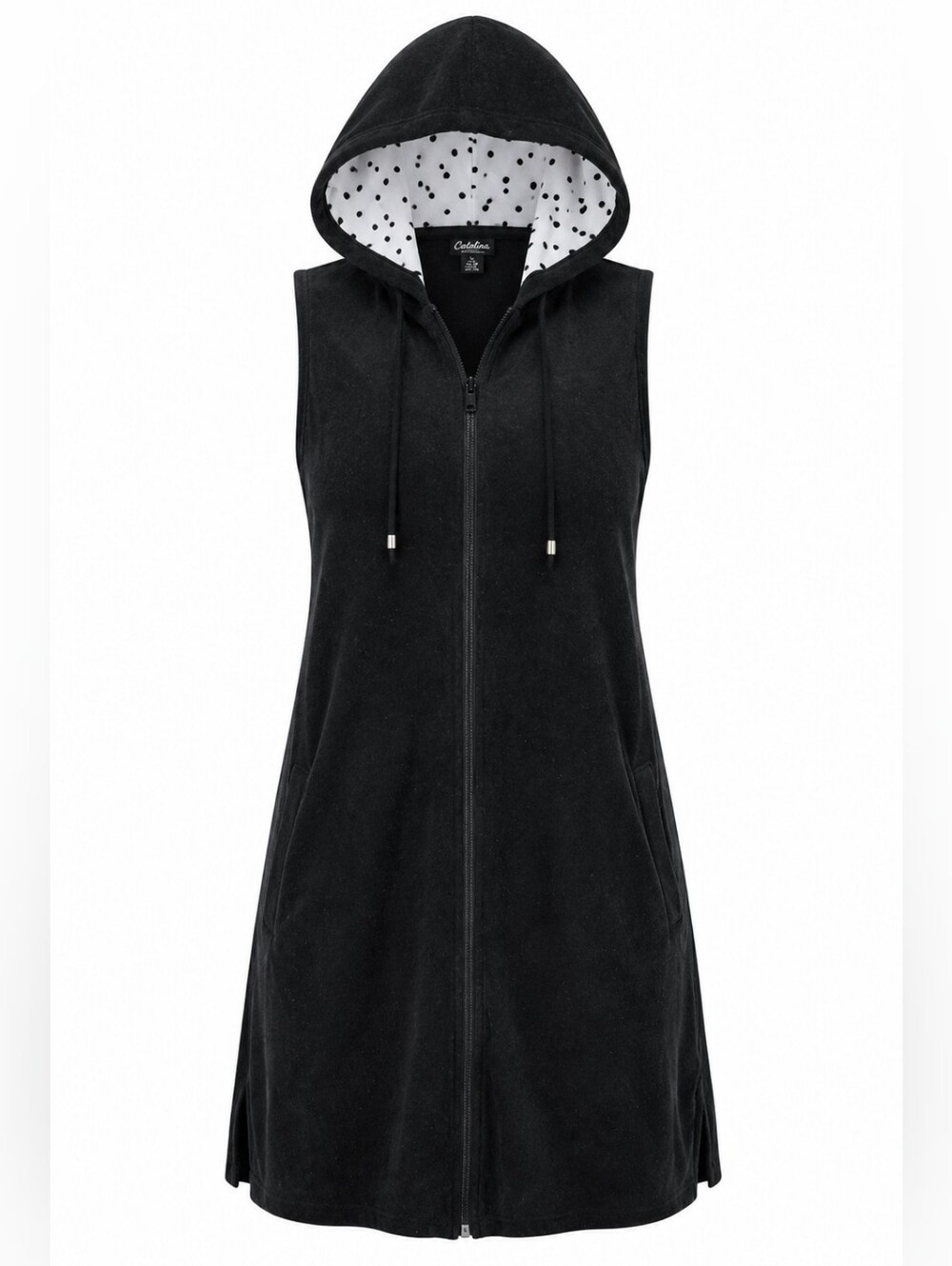 CATALINA | Black Terry Hooded Zip Swim Cover Up Polka Dot Pockets | L 12 14